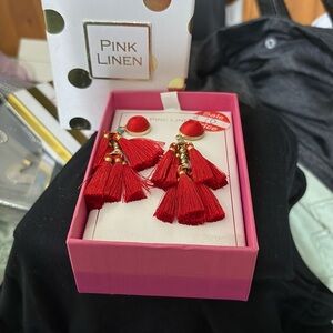 Pink Linen Red Tassel Earrings